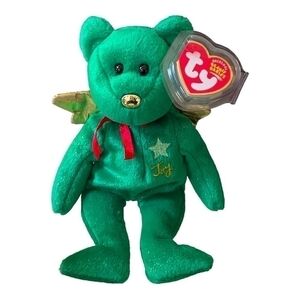 NWT TY Beanie Baby Christmas Green "Gift" Bear Beanie Baby Gold Nose Stuffed Toy